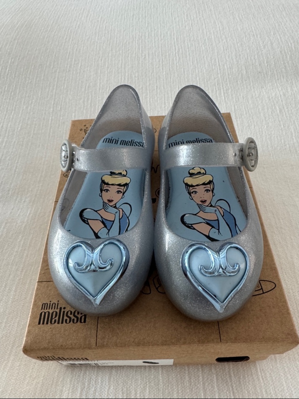 Mini Melissa Silver Glitter Cinderella Heart Mary Janes